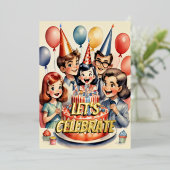 水彩のユーモアあふれるコミックの誕生日シーン 箔招待状 (立ち正面)