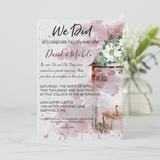 水彩のランタンと花の結婚式後パーティー 招待状 (スタンド正面)