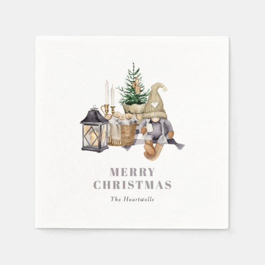水彩のルスティックな小人のホリデー スタンダードカクテルナプキン (正面)