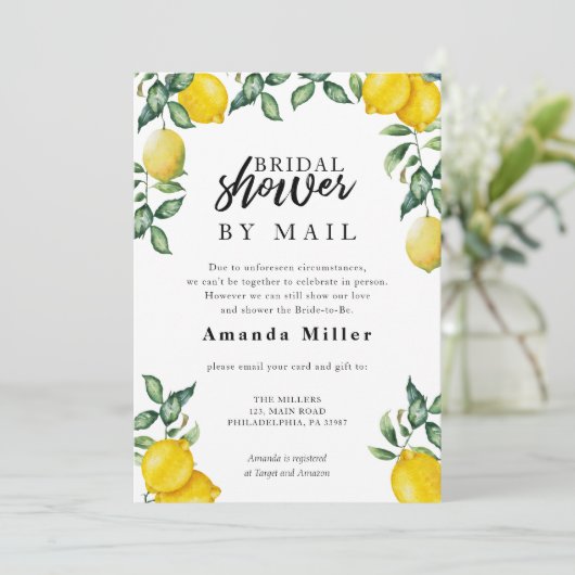 水彩のレモンがデザインされたウェディングシャワーの郵送アイテム セーブザデート (スタンド正面)