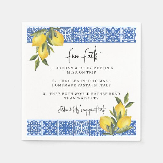 水彩のレモンとタイルのウェディングシャワー豆知識 スタンダードカクテルナプキン (正面)