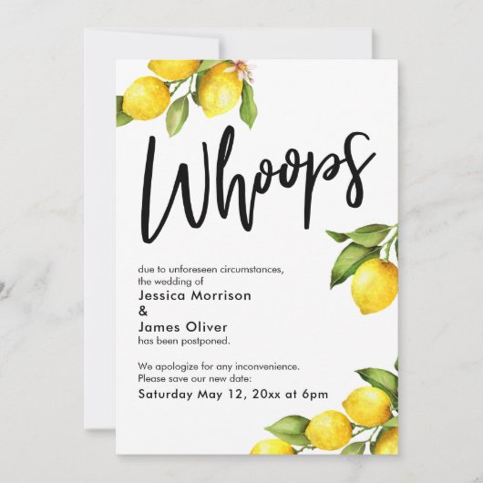 水彩のレモンのウェディングカード、延期のお詫び 招待状 (正面)