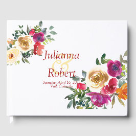 水彩のレモン色とマゼンタの花のウェディングクラシックをカスタマイズ ゲストブック