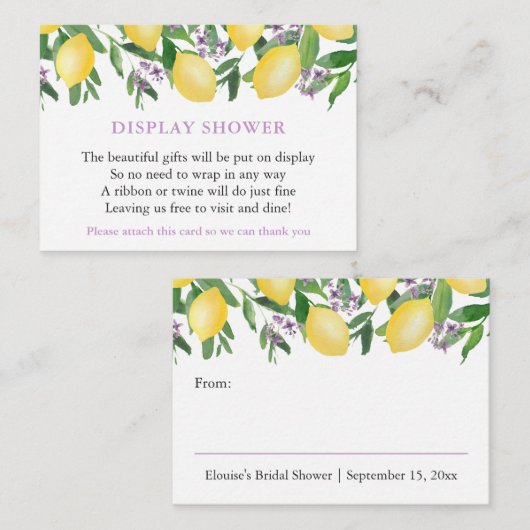 水彩のレモン ラベンダー テキスト ディスプレイ シャワー エンクロージャーカード (正面/裏面)
