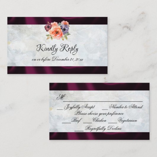 水彩のワイルドフラワーとパープルのリボン枠 エンクロージャーカード (正面/裏面)