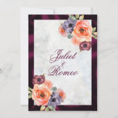 水彩のワイルドフラワーとパープルのリボン枠 招待状 (正面)