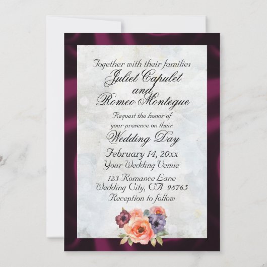 水彩のワイルドフラワーとパープルのリボン枠 招待状 (裏面)