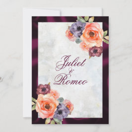 水彩のワイルドフラワーとパープルのリボン枠 招待状