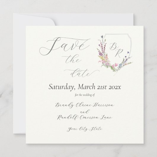 水彩のワイルドフラワークレスト セーブザデート (正面)