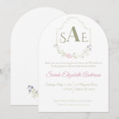 水彩のワイルドフラワーモノグラムクレストベイビーシャワー 招待状 (正面/裏面)