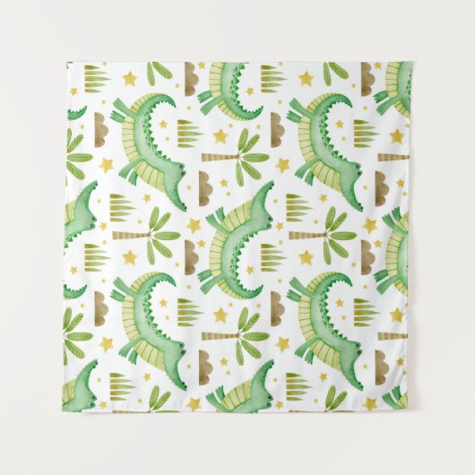 水彩のワニとヤシの木のシームレスパターン タペストリー (正面(横))