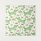 水彩のワニとヤシの木のシームレスパターン タペストリー (正面)