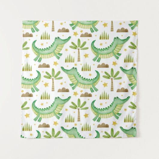 水彩のワニとヤシの木のシームレスパターン タペストリー (正面)