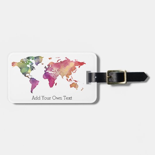 水彩のワールドマップを追加する独自の文字カスタム ラゲッジタグ (正面横)
