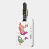 水彩のワールドマップを追加する独自の文字カスタム ラゲッジタグ (正面縦)