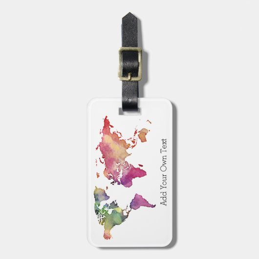 水彩のワールドマップを追加する独自の文字カスタム ラゲッジタグ (正面縦)