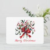 水彩の上品なクリスマスツリーの飾り(もみの木の葉と赤いリボン) シーズンカード (スタンド正面)
