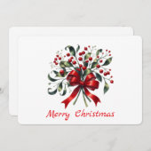 水彩の上品なクリスマスツリーの飾り(もみの木の葉と赤いリボン) シーズンカード (正面/裏面)