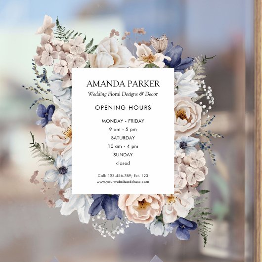 水彩の優しいベージュ 青 花の花 店舗 ウィンドウサイン