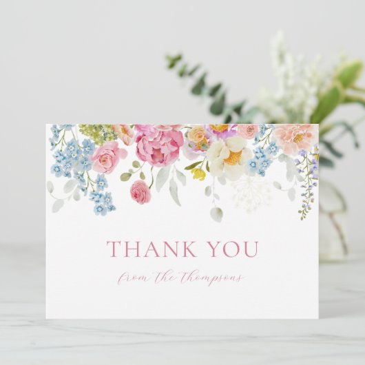 水彩の優しい野生の花のベイビーボーイシャワー サンキューカード (スタンド正面)