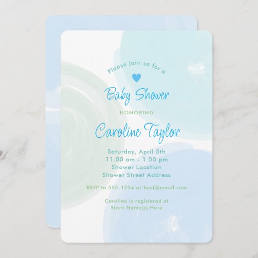 水彩の円形 ブルー グリーン 男の子 ベビーシャワー 招待状 (正面/裏面)