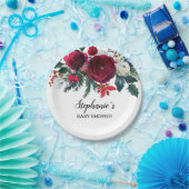 水彩の冬のバーガンディフラワーズベビーシャワー ペーパープレート (パーティー)