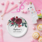 水彩の冬のバーガンディフラワーズベビーシャワー ペーパープレート (パーティー)