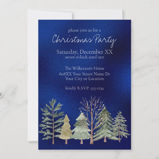 水彩の冬の森で夜の木を青 招待状 (正面)