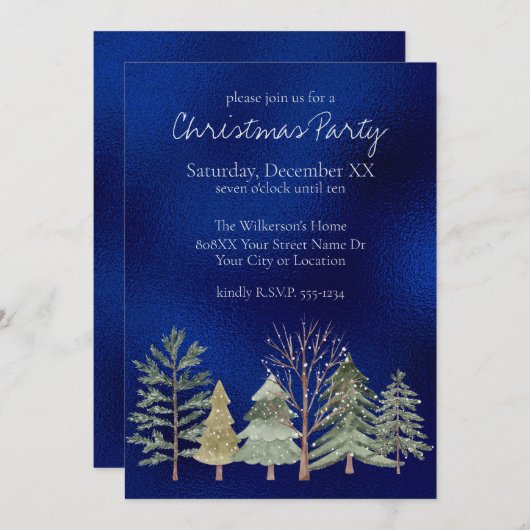 水彩の冬の森で夜の木を青 招待状 (正面/裏面)