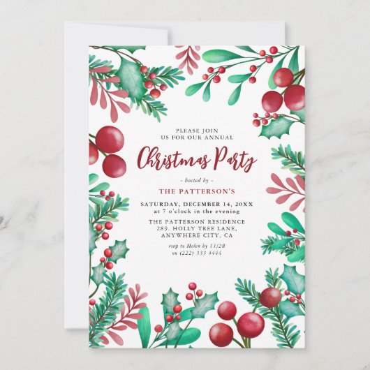 水彩の冬の葉クリスマスパーティー 招待状 (正面)