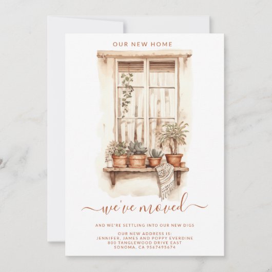 水彩の動く窓辺のポット植物 ホームステイ 案内状 (正面)