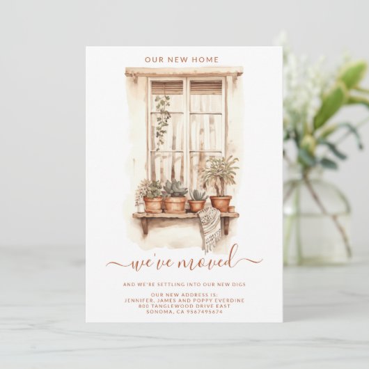 水彩の動く窓辺のポット植物 ホーム感満載 案内状 (スタンド正面)