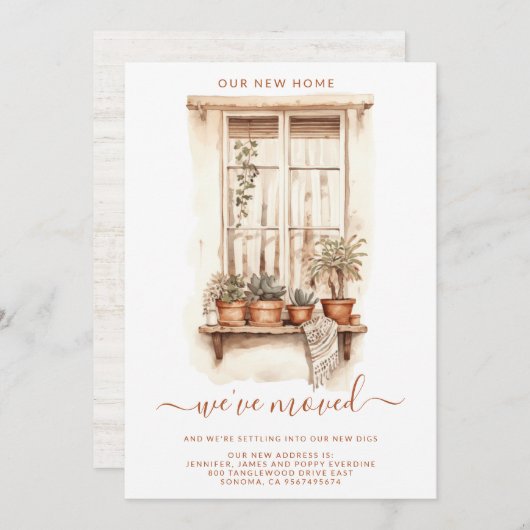 水彩の動く窓辺のポット植物 ホーム感満載 案内状 (正面/裏面)