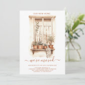 水彩の動く窓辺の植木鉢のホームステイ 案内状 (スタンド正面)