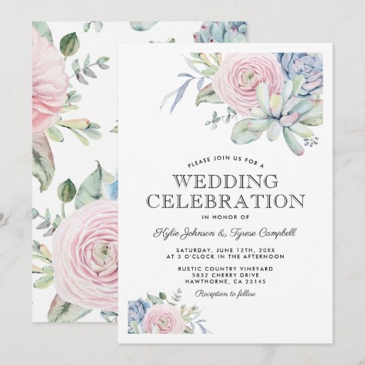 水彩の多肉植物とパステルカラーの花のウェディング 招待状 (正面/裏面)