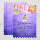 水彩の多肉植物と鳥の紫色の結婚前祝賀会 招待状 (正面/裏面)