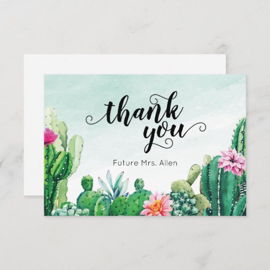 水彩の多肉植物のウェディングシャワーのフラットなお礼カード サンキューカード (正面/裏面)