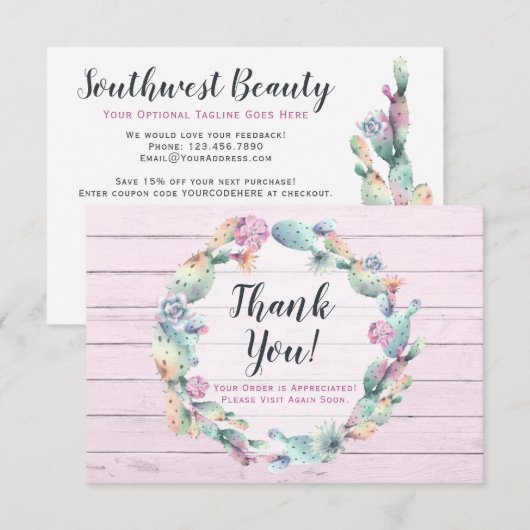 水彩の多肉植物サボテン　ラスティック　サンキューカード 招待状 (正面/裏面)