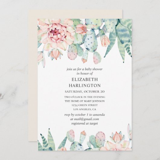 水彩の多肉植物ベイビーシャワー。水彩のサボテン 招待状 (正面/裏面)