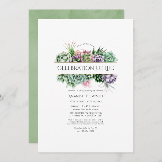 水彩の多肉植物幾何学的人生のお祝い 招待状 (正面/裏面)