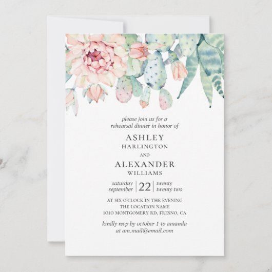 水彩の多肉植物。結婚式のリハーサルディナー 招待状 (正面)