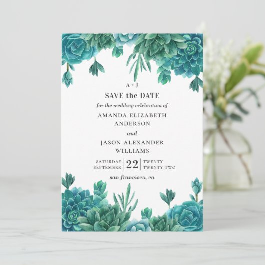 水彩の多肉植物。青い結婚式の花のサボテン 招待状 (スタンド正面)