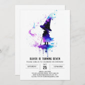 水彩の子供の魔法使い誕生日 招待状 (正面/裏面)