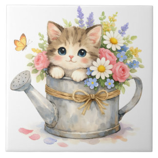 水彩の子猫が花と一緒にじょうろの中に タイル