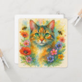 水彩の子猫と花 カード (正面/裏面インサイチュ)