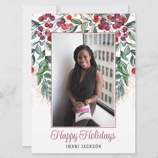 水彩の実と常緑の写真クリスマスカード シーズンカード (正面)
