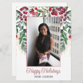 水彩の実と常緑樹の写真のクリスマス シーズンカード (正面/裏面)