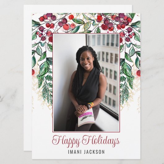 水彩の実と常緑樹の写真のクリスマス シーズンカード (正面/裏面)