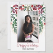 水彩の実と常緑樹の写真のクリスマス シーズンカード (正面)