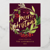 水彩の実と緑のリース　クリスマス 箔シーズンカード (正面)